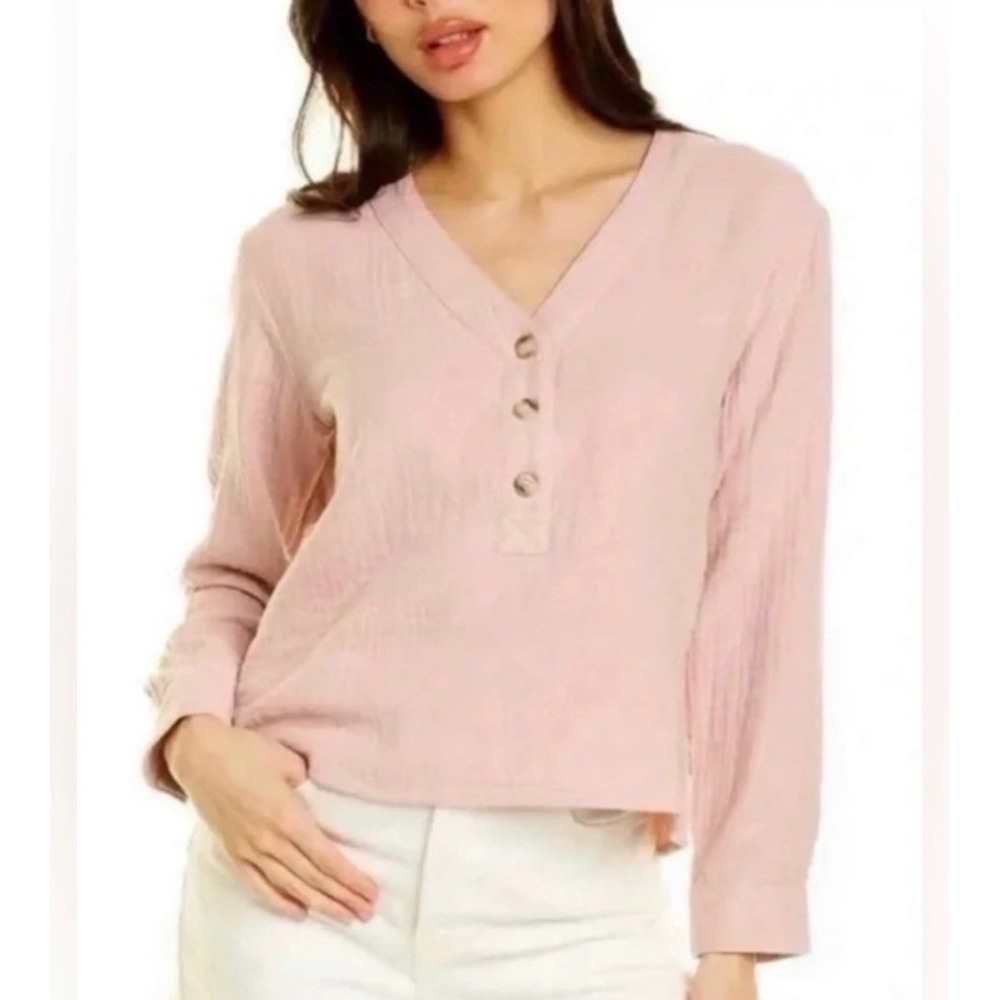 Madewell Double-Gauze Henley Top Women XS Mauve Pink Long Sleeve V-Neck Cotton
